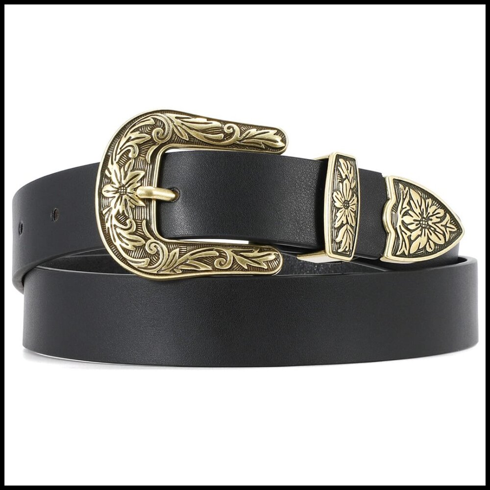 Vintage Western Belt Floral Carved Buckle PU Leather Waist Accessory - Picture 1 of 7